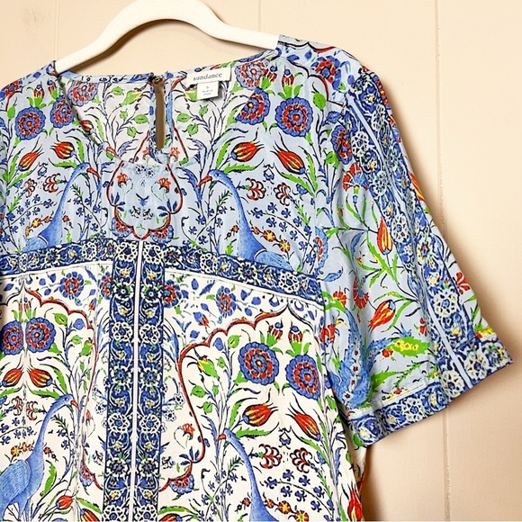 Sundance 100% Silk Izmir Top Small floral printed peacock short sleeve boho blue - Picture 3 of 11